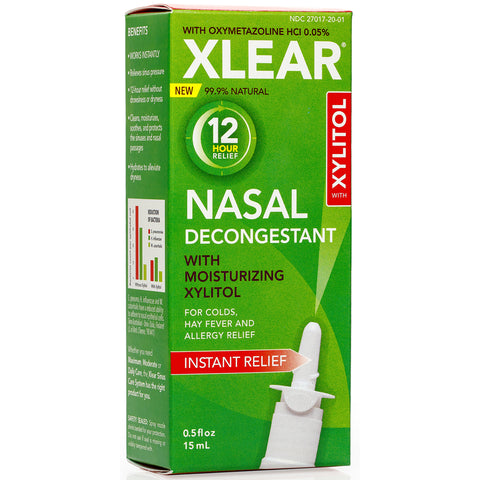 XLEAR 12-Hour Decongestant Natural Saline Nasal Spray with Xylitol & Oxymetazoline, 0.5 fl oz (Pack of 3)